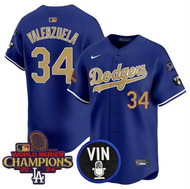 Men's Los Angeles Dodgers #34 Fernando Valenzuela Royal/Gold 2024 World Series Champions With Vin Scully & #34 Fernando Patch Vapor Limited Stitched Baseball Jersey