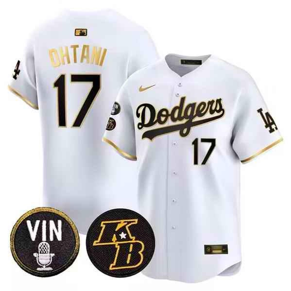 Men's Los Angeles Dodgers #17 Shohei Ohtani White/Gold Vin & Kobe Patch Limited Stitched Baseball Jersey