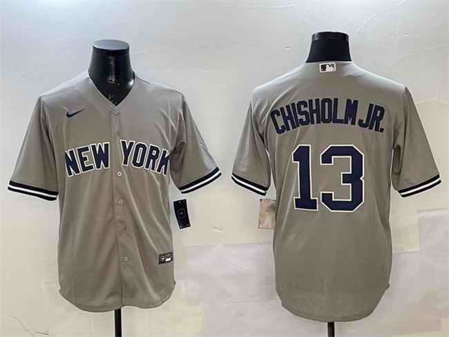 Men's New York Yankees #13 Jazz Chisholm Jr. Grey Cool Base Stitched Baseball Jersey