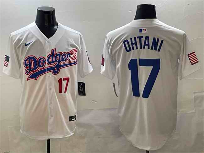 Men's Los Angeles Dodgers #17 Shohei Ohtani White With American Flag Patch Limited Stitched Baseball Jersey