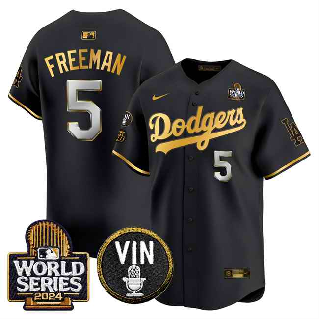 Men's Los Angeles Dodgers #5 Freddie Freeman Black/Gold 2024 World Series With Vin & Kobe Patch Limited Stitched Baseball Jersey