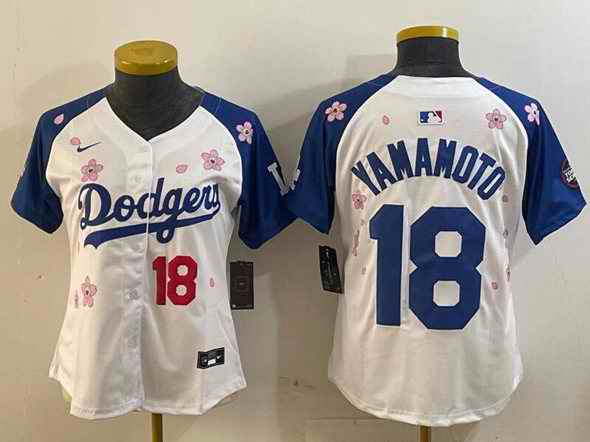 Men's Los Angeles Dodgers #18 Yoshinobu Yamamoto White/Royal 2025 Tokyo Series Limited Stitched Baseball Jersey