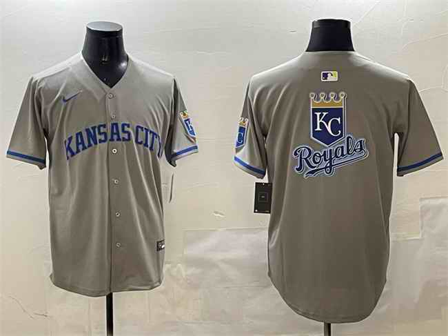 Men's Kansas City Royals Team Big Logo Grey 2024 Away Limited Stitched Baseball Jersey