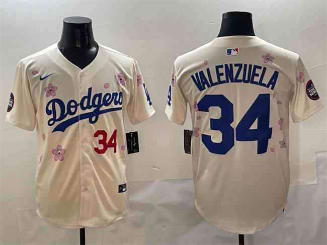 Men's Los Angeles Dodgers #34 Fernando Valenzuela Cream 2025 Tokyo Series Limited Stitched Baseball Jersey
