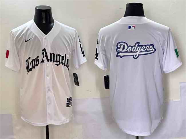 Men's Los Angeles Dodgers Team Big Logo White Mexico 2025 LA Gothic Style With Fernando Patch Vapor Premier Limited Stitched Baseball Jersey 003
