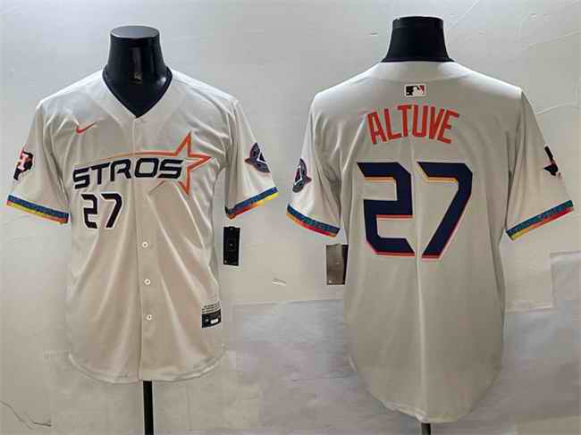 Men's Houston Astros #27 Jose Altuve Cream 2025 City Connect With Texas Patch Limited Stitched Baseball Jersey