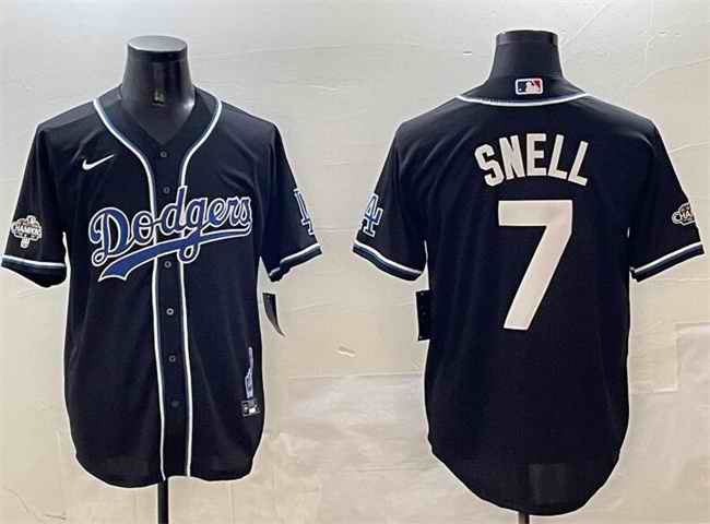 Men's Los Angeles Dodgers #7 Blake Snell Black 2024 World Series Champions Cool Base Stitched Baseball Jersey