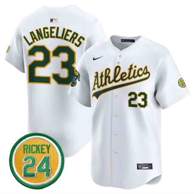 Men's Oakland Athletics #23 Shea Langeliers White 2024 Home Limited With Rickey Henderson Patch Stitched Jersey