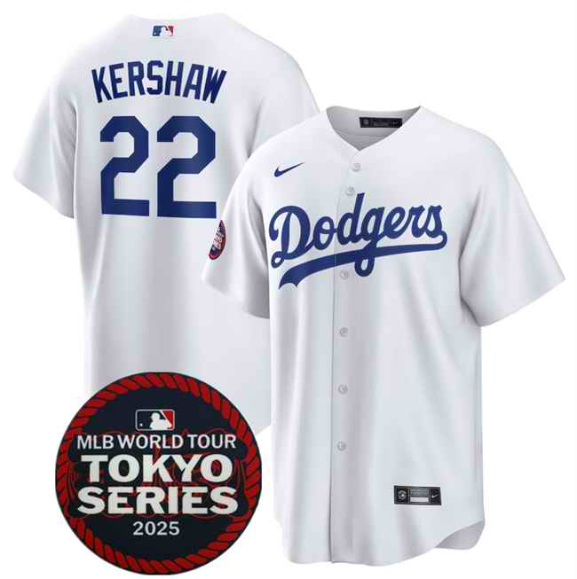 Men's Los Angeles Dodgers #22 Clayton Kershaw White 2025 World Tour: Tokyo Series Home Stitched Baseball Jersey