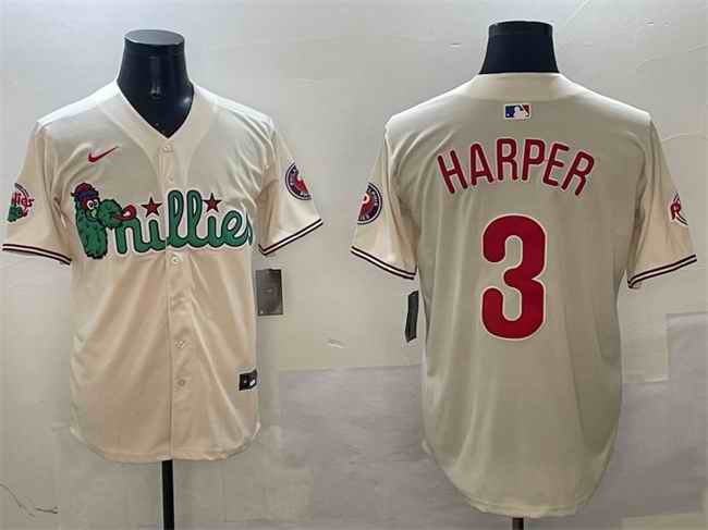 Men's Philadelphia Phillies #3 Bryce Harper Cream Phanatic Limited Stitched Jersey