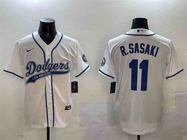 Men's Los Angeles Dodgers #11 Roki Sasaki White With Patch Cool Base Stitched Baseball Jersey