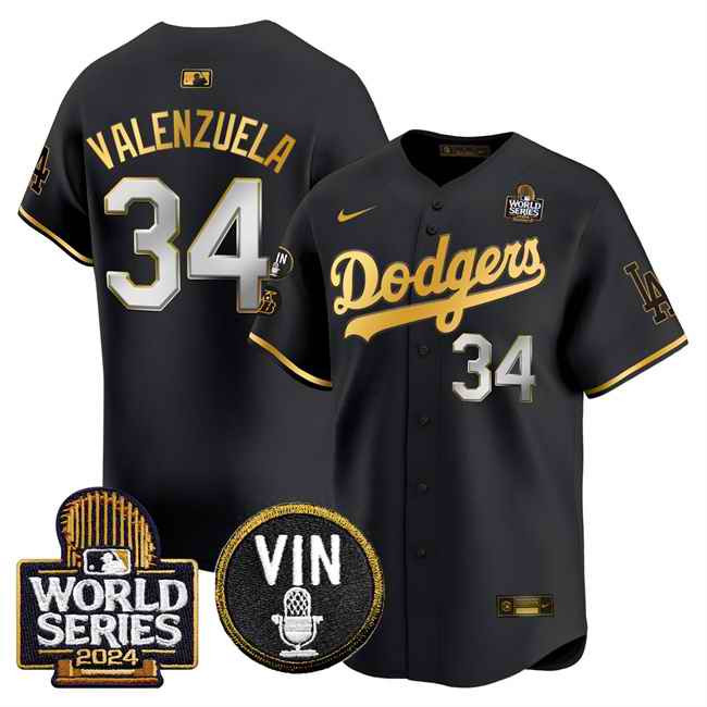 Men's Los Angeles Dodgers #34 Toro Valenzuela Black/Gold 2024 World Series With Vin & Kobe Patch Limited Stitched Baseball Jersey