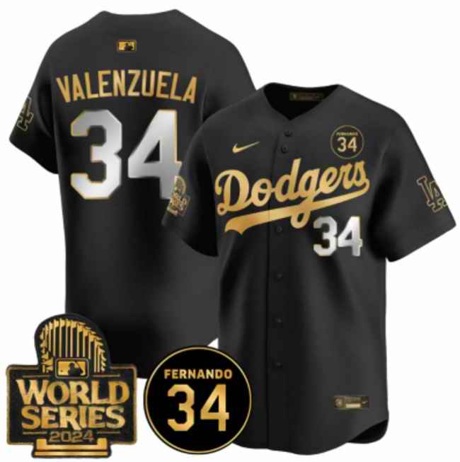 Men's Los Angeles Dodgers #34 Fernando Valenzuela Black/Gold 2024 World Series With Fernando Patch Vapor Limited Stitched Baseball Jersey