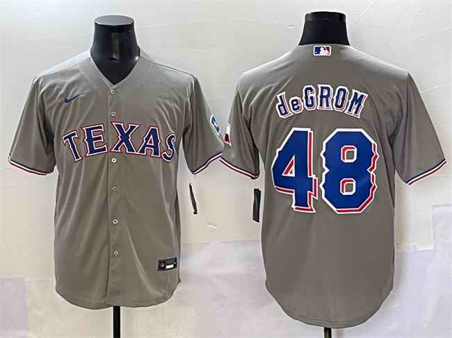 Men's Texas Rangers #48 Jacob deGrom Grey With Patch Cool Base Stitched Baseball Jersey