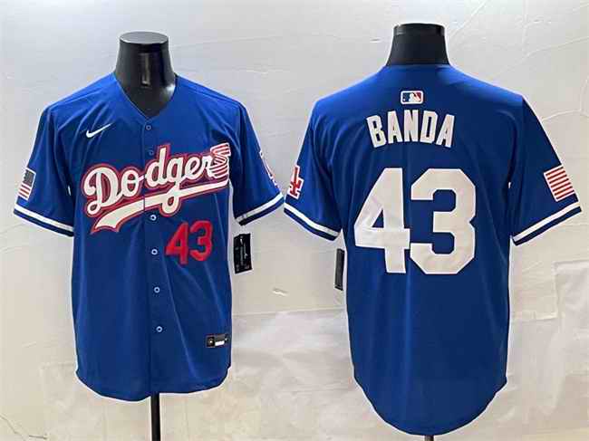Men's Los Angeles Dodgers #43 Anthony Banda Royal With American Flag Patch Limited Stitched Baseball Jersey