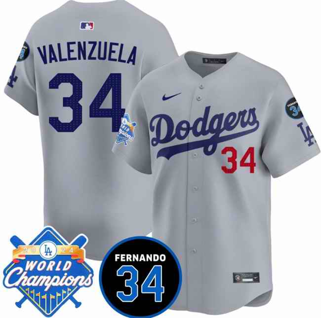 Men's Los Angeles Dodgers #34 Fernando Valenzuela Grey 2024 World Champions & Fernando Memorial Patch Vapor Premier Limited Stitched Baseball Jersey