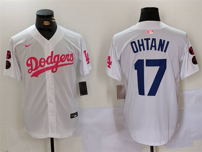 Men's Los Angeles Dodgers #17 Shohei Ohtani White/Pink Vin & Kobe Patch Stitched Baseball Jersey