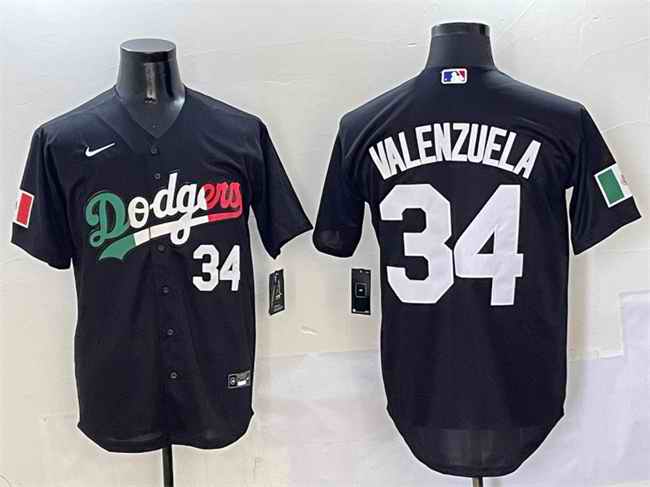 Men's Los Angeles Dodgers #34 Fernando Valenzuela Black Mexico Flag Cool Base Stitched Baseball Jersey