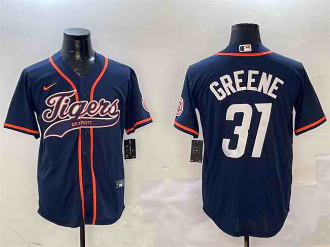 Men's Detroit Tigers #31 Riley Greene Navy With Patch Cool Base Stitched Baseball Jersey
