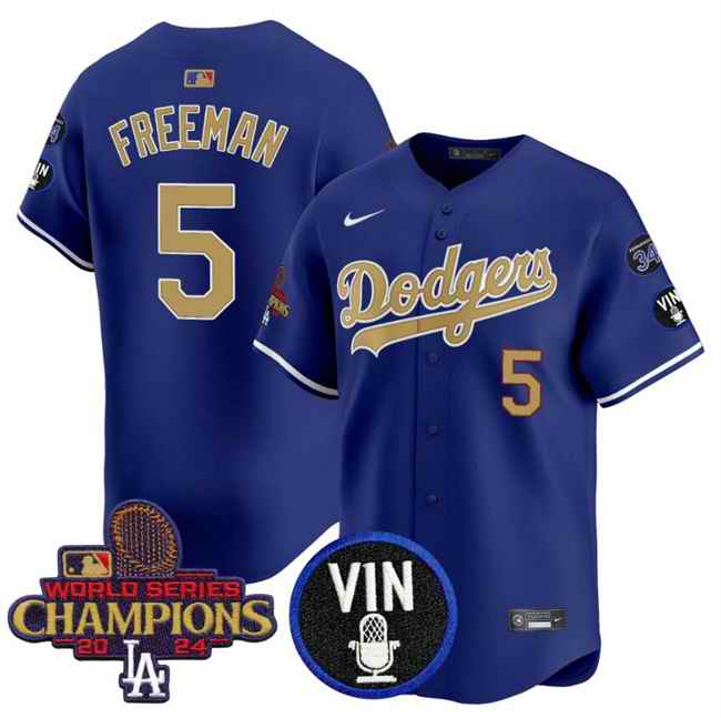 Men's Los Angeles Dodgers #5 Freddie Freeman Royal/Gold 2024 World Series Champions With Vin Scully & #34 Fernando Patch Vapor Limited Stitched Baseball Jersey