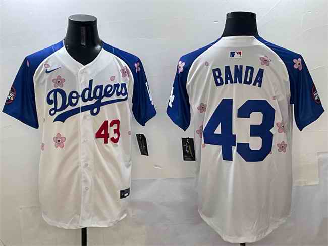 Men's Los Angeles Dodgers #43 Anthony Banda White/Royal 2025 Tokyo Series Limited Stitched Baseball Jersey