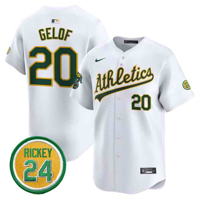 Men's Oakland Athletics #20 Zack Gelof White 2024 Home Limited With Rickey Henderson Patch Stitched Jersey