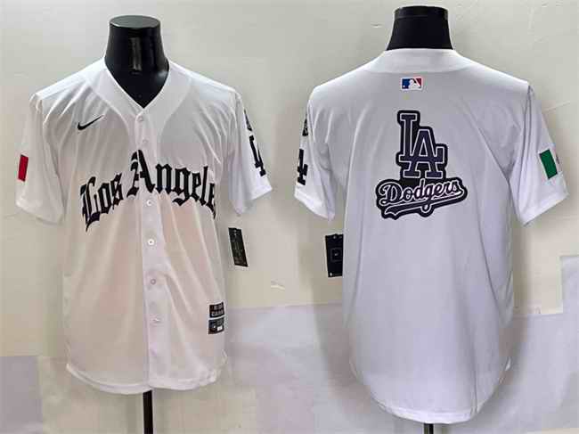 Men's Los Angeles Dodgers Team Big Logo White Mexico 2025 LA Gothic Style With Fernando Patch Vapor Premier Limited Stitched Baseball Jersey 002