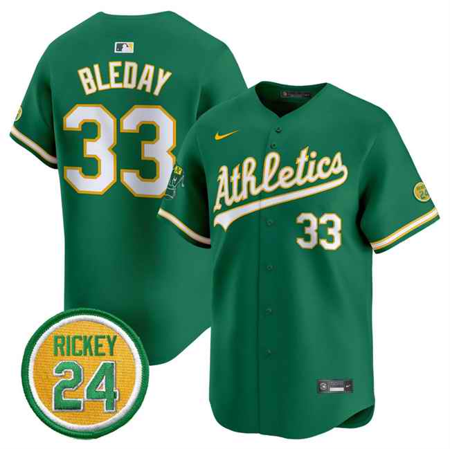 Men's Oakland Athletics #33 JJ Bleday Green 2024 Limited With Rickey Henderson Patch Stitched Jersey
