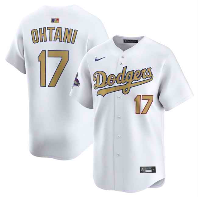 Men's Los Angeles Dodgers #17 Shohei Ohtani White 2025 Gold Collection Limited Stitched Baseball Jersey