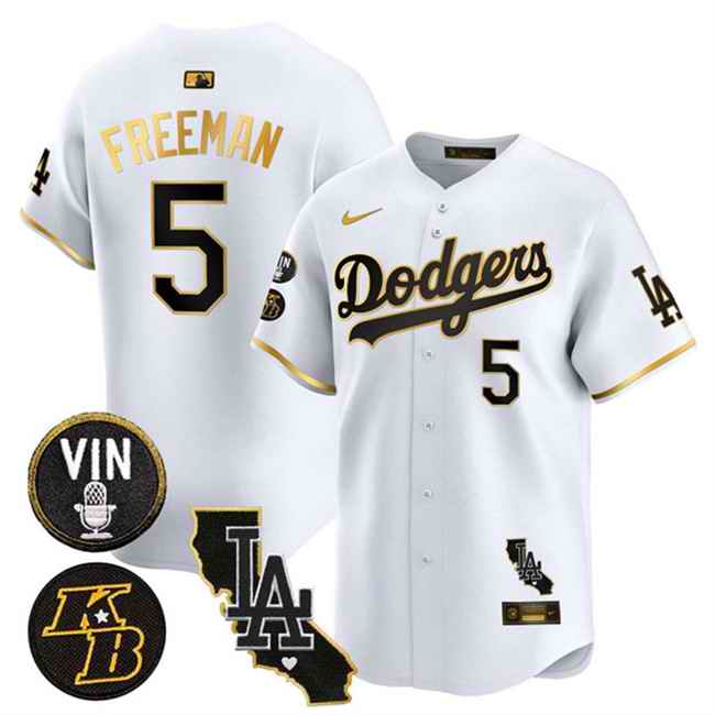 Men's Los Angeles Dodgers #5 Freddie Freeman White/Gold 2025 Vin & Kobe Patch V2 Vapor Limited Stitched Baseball Jersey
