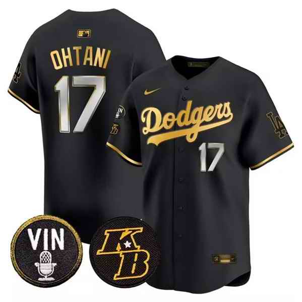 Men's Los Angeles Dodgers #17 Shohei Ohtani Black/Gold Vin & Kobe Patch Limited Stitched Baseball Jersey