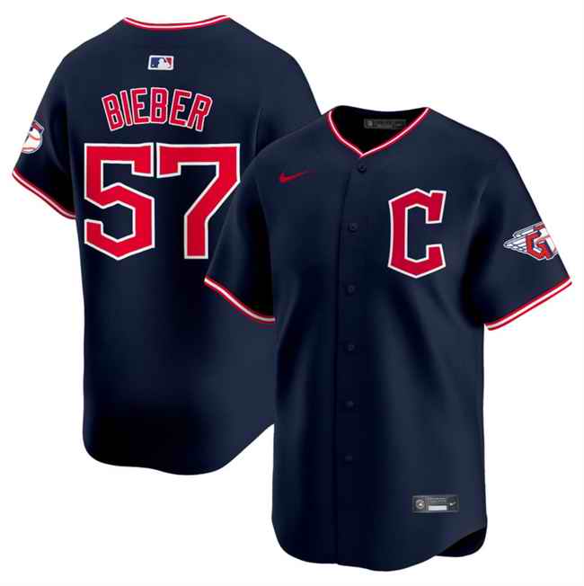 Men's Cleveland Guardians #57 Shane Bieber Navy 2025 Alternate Limited Stitched Baseball Jersey