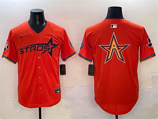 Men's Houston Astros Team Big Logo Orange 2025 City Connect With Texas Patch Limited Stitched Baseball Jersey 003