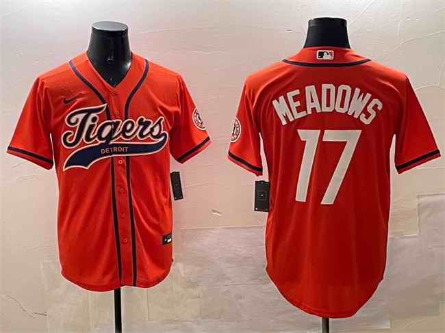 Men's Detroit Tigers #17 Parker Meadows Orange With Patch Cool Base Stitched Baseball Jersey