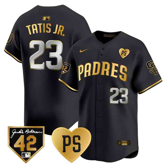 Men's San Diego Padres #23 Fernando Tatis Jr. Black/Gold 'For Peter' & Robinson Patch Limited Stitched Baseball Jersey