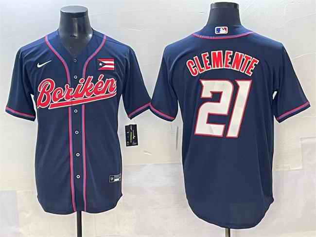 Men's Puerto Rico Baseball #21 Roberto Clemente Navy 2023 World Baseball Classic Stitched Jersey