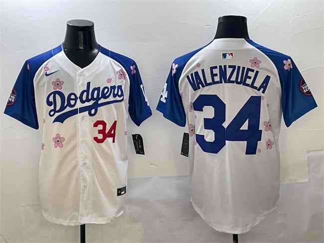 Men's Los Angeles Dodgers #34 Fernando Valenzuela White/Royal 2025 Tokyo Series Limited Stitched Baseball Jersey