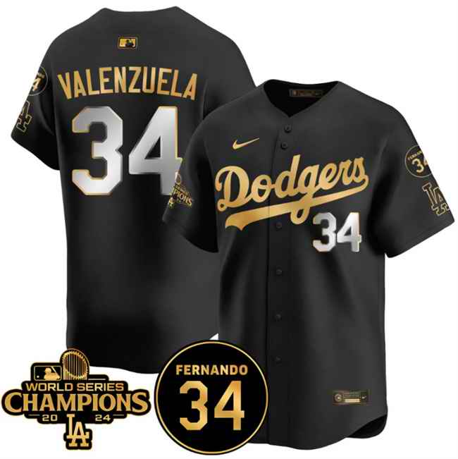 Men's Los Angeles Dodgers #34 Fernando Valenzuela Black/Gold 2024 World Series Champions & Fernando Memorial Patch Vapor Premier Limited Stitched Baseball Jersey