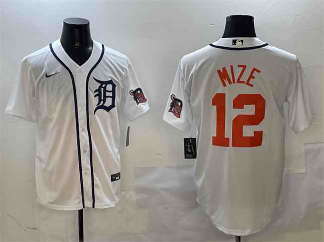 Men's Detroit Tigers #12 Casey Mize White With Patch Cool Base Stitched Baseball Jersey