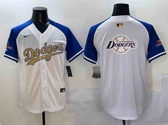 Men's Los Angeles Dodgers Team Big Logo White/Royal/Gold 2024 World Series Champions Vapor Limited Stitched Baseball Jersey