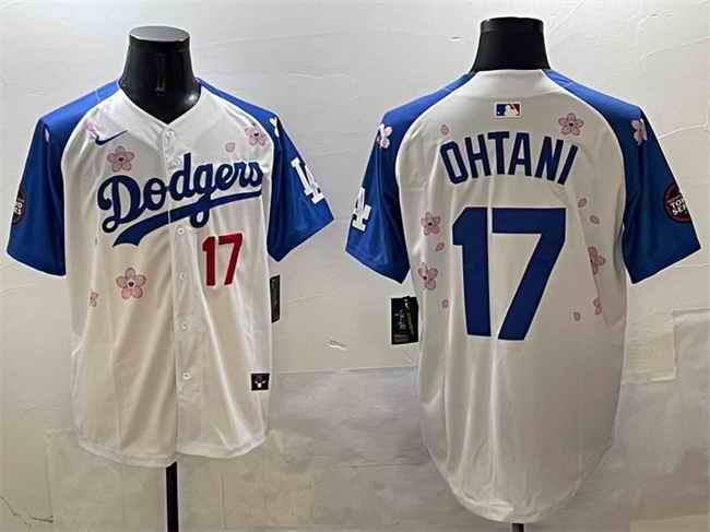 Men's Los Angeles Dodgers #17 Shohei Ohtani White/Royal 2025 Tokyo Series Limited Stitched Baseball Jersey