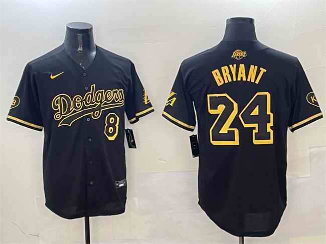 Men's Los Angeles Dodgers Front #8 Back #24 Kobe Bryant Black/Gold Stitched Jersey