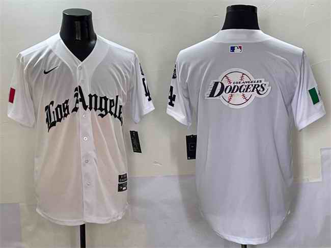 Men's Los Angeles Dodgers Team Big Logo White Mexico 2025 LA Gothic Style With Fernando Patch Vapor Premier Limited Stitched Baseball Jersey 001