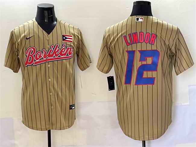 Men's Puerto Rico Baseball #12 Francisco Lindor Tan 2023 World Baseball Classic Stitched Jersey