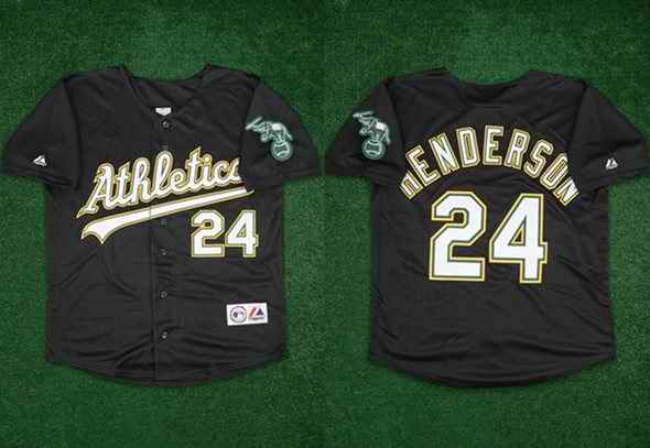 Men's Oakland Athletics #24 Rickey Henderson Black Team Patch Stitched Jersey