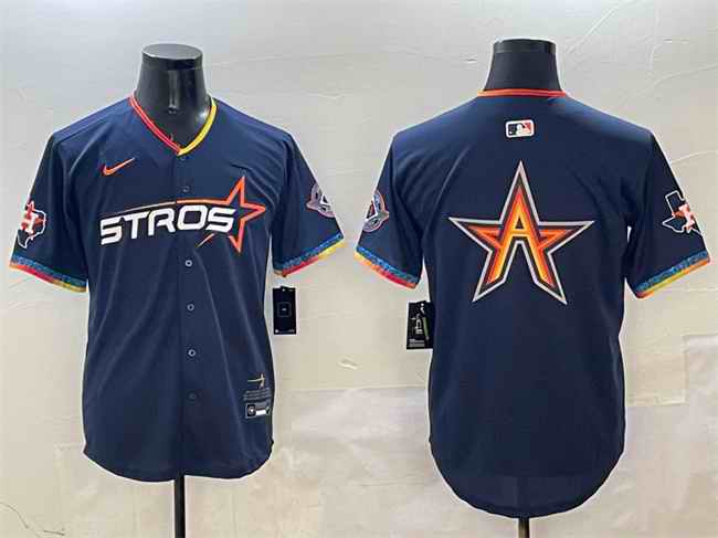 Men's Houston Astros Team Big Logo Navy 2025 City Connect With Texas Patch Limited Stitched Baseball Jersey 001