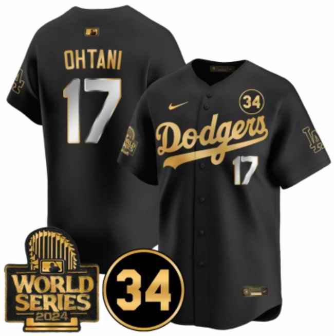 Men's Los Angeles Dodgers #17 Shohei Ohtani Black/Gold 2024 World Series & #34 Fernando Patch Vapor Limited Stitched Baseball Jersey