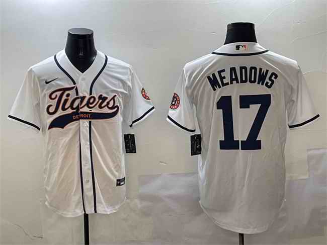 Men's Detroit Tigers #17 Parker Meadows White With Patch Cool Base Stitched Baseball Jersey