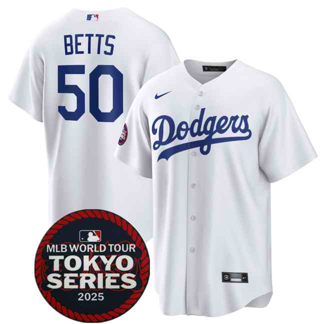 Men's Los Angeles Dodgers #50 Mookie Betts White 2025 World Tour: Tokyo Series Home Stitched Baseball Jersey