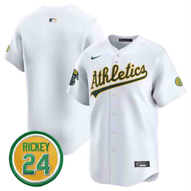 Men's Oakland Athletics Blank White 2024 Home Limited With Rickey Henderson Patch Stitched Jersey